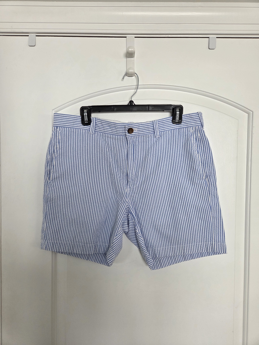 J. Crew Factory Blue and White Striped Seersucker Flat Front Shorts